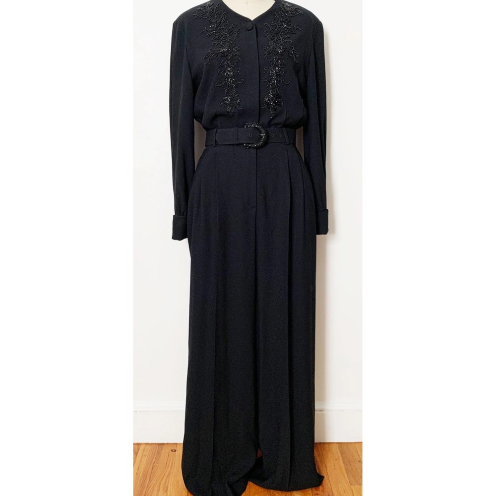 Liz Claiborne VINTAGE Petite Black Beaded Long Sleeve Belted Jumpsuit Size 4
